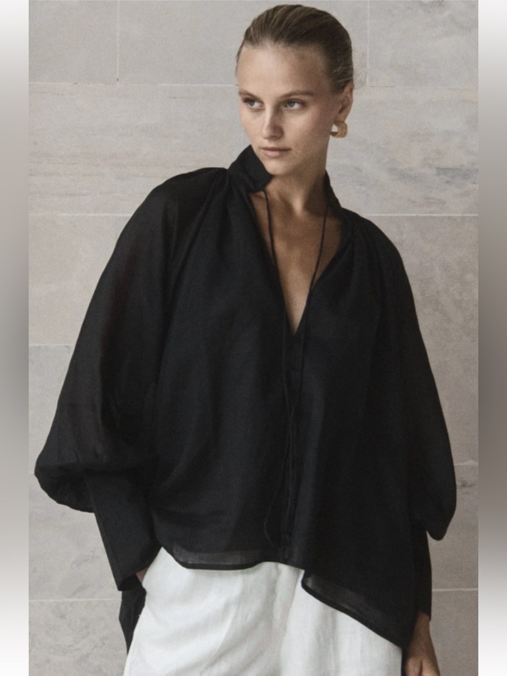 Free People Black Billow-Sleeve Button Blouse